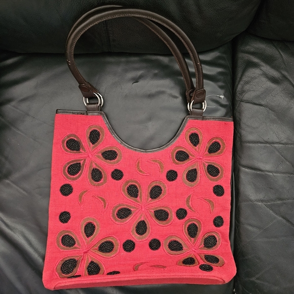 Vintage Handbags - Vintage Handmade Beaded Floral Embroidered Red Tote Bag